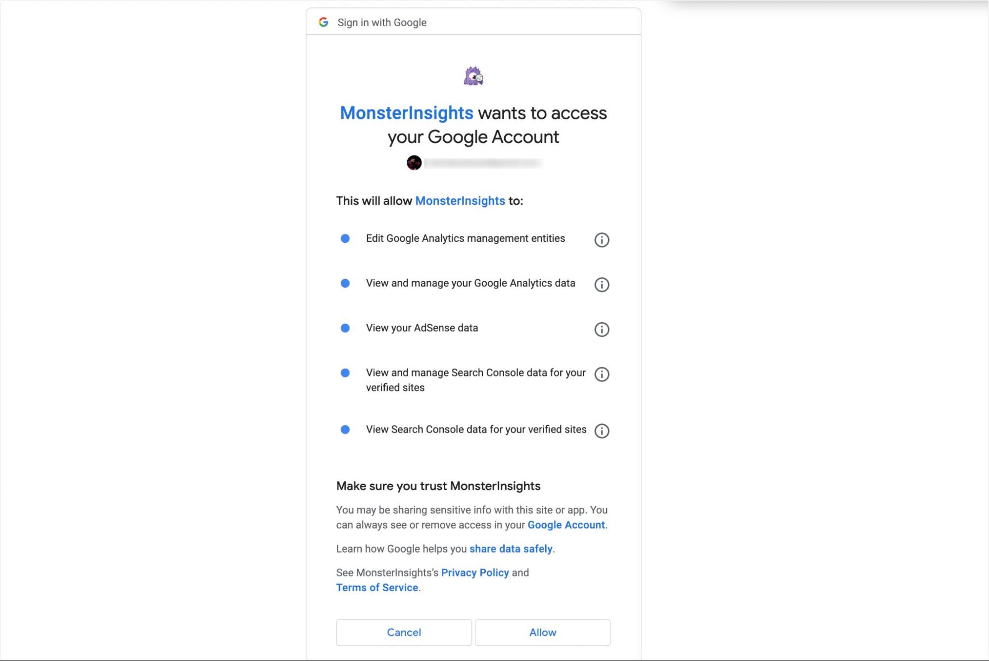Grant MonsterInsights permission to access your Google account