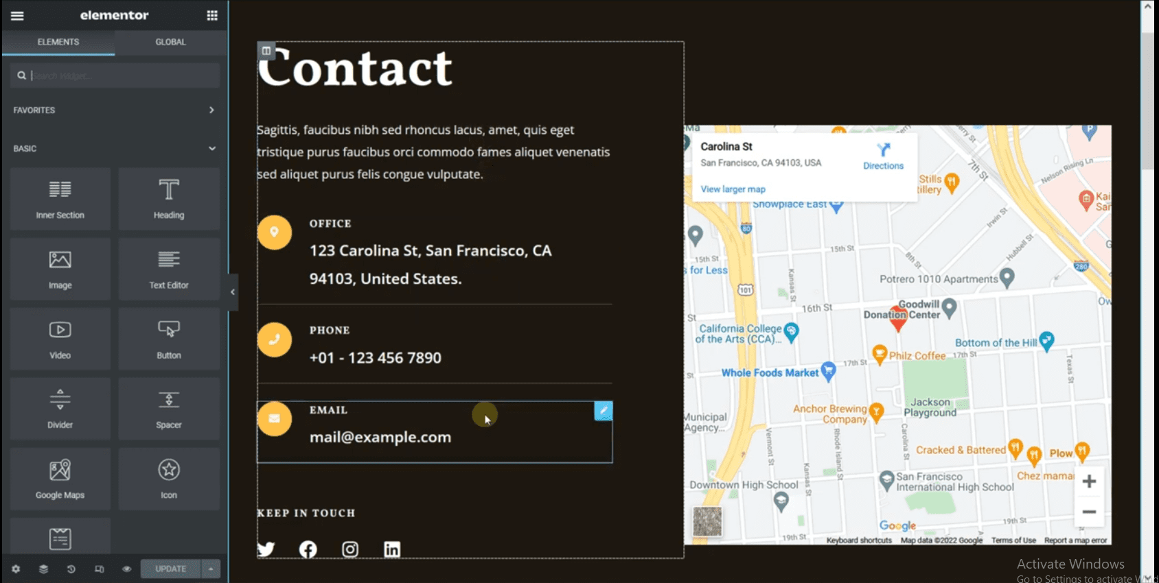 Add business address and contact information to contact page