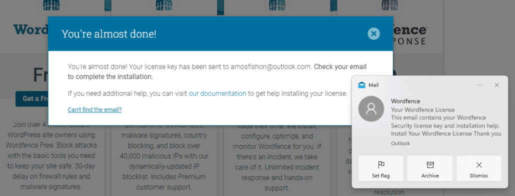 Activation email from Wordfence
