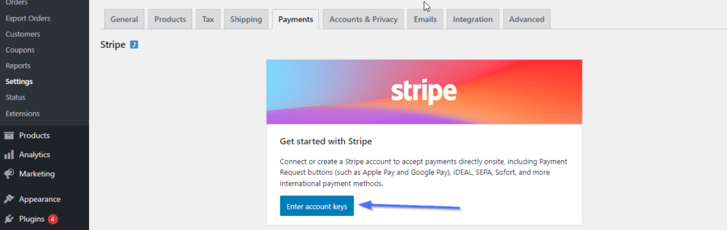 Enter Stripe account keys