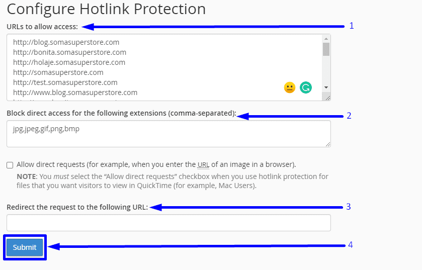 Configure Hotlink Protection option