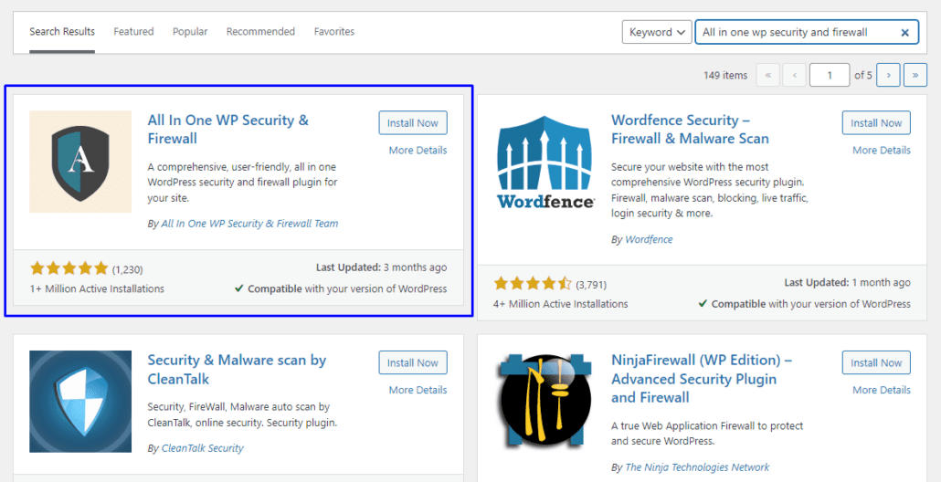 Install all in one WP security plugin