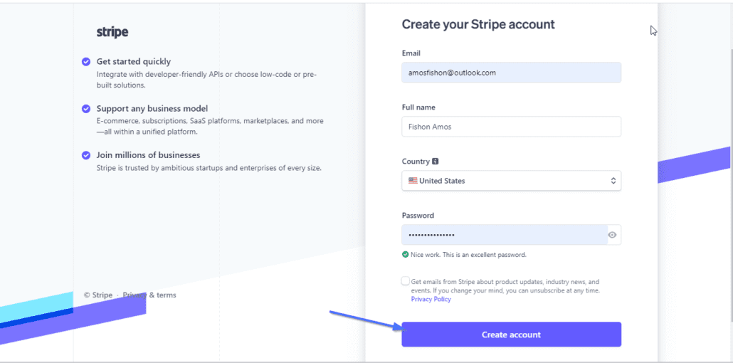 Stripe Signup page
