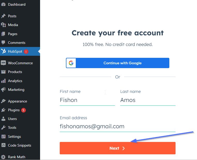 Create your HubSpot account in WordPress dashboard