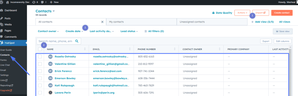 Access HubSpot's contacts WordPress dashboard