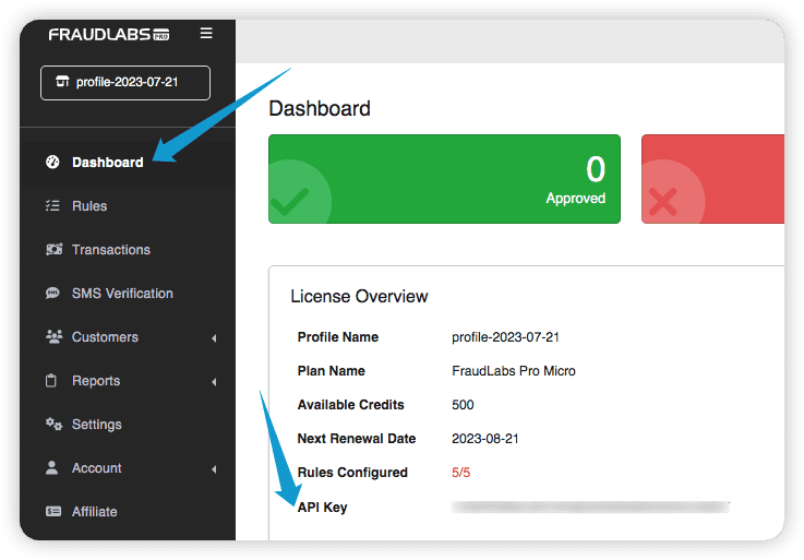 Copy API key from FraudLabs Dashboard