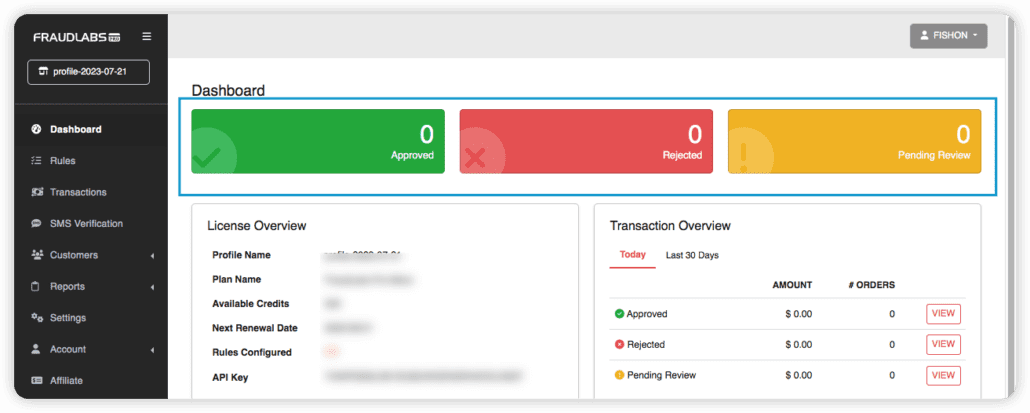 FraudLabs Pro account dashboard - WooCommerce fraud prevention