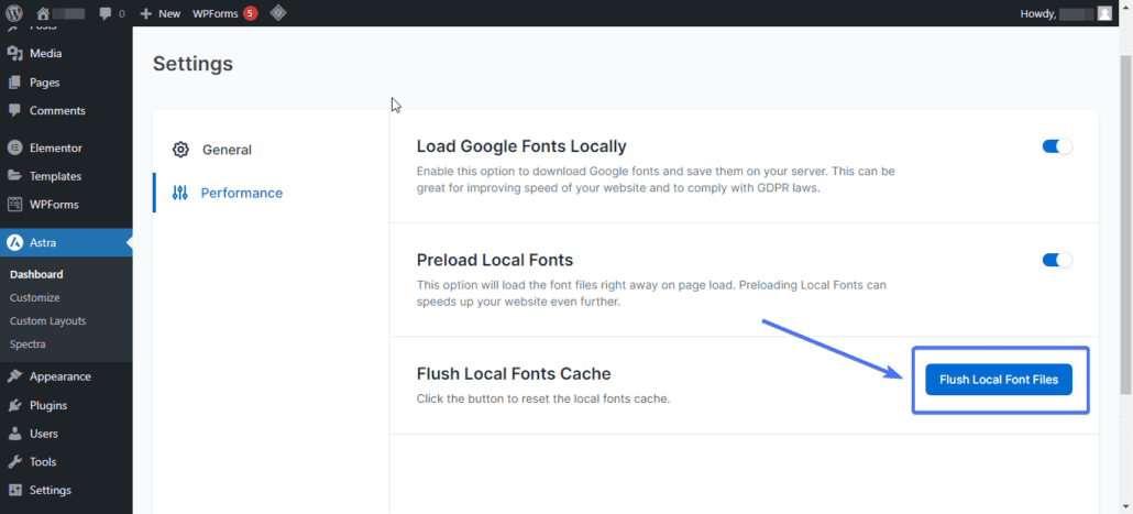 Click the Flush Local Fonts Cache button - host google fonts locally