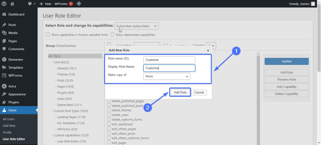 Fill in required fields and click 'Add Role' - WordPress access control