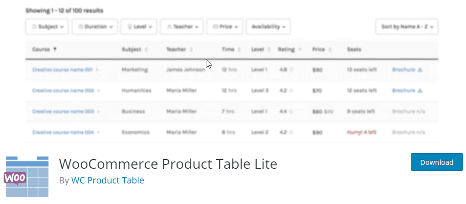 WooCommerce Product Table Lite plugin